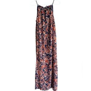Xhileration Floral Maxi Boho Dress - Navy & Orange Floral. Tassel Ties & Slits
